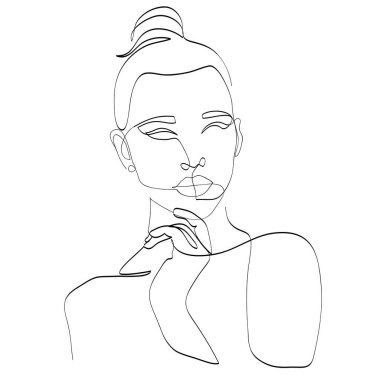 Kadın güzeli. Soyut kadın portresi, sürekli çizgi tarzı. Minimalist moda tasarımı, hızlı taslak, t-shirt, baskılar, kapaklar, posterler, logo, dövme için vektör çizimi