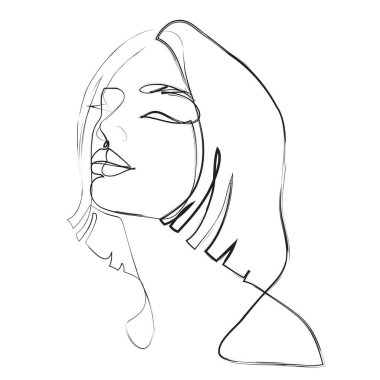 Kadın güzelliği. Soyut kadın portresi, sürekli çizgi tarzı. Minimalist moda tasarımı, hızlı taslak, t-shirt, baskılar, kapaklar, posterler, logo, dövme için vektör çizimi