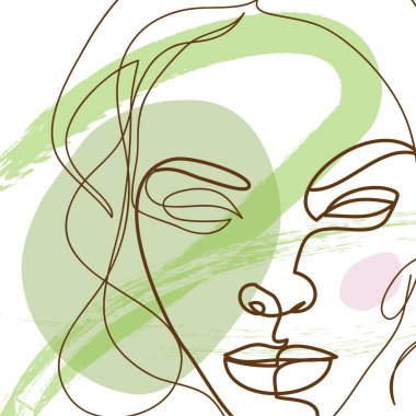 Soyut insan yüzü, arka planda geometrik renk formları olan sürekli çizgi tarzı. Minimalist moda tasarımı, hızlı taslak, t-shirt, baskılar, kapaklar, posterler, logolar için vektör çizimi