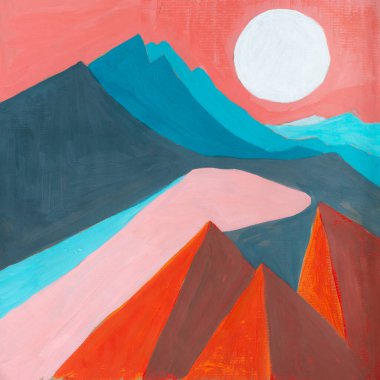Dağlarla kaplı manzara ve güneşle el ile boyanmış, sınırlı palet. Doğanın tasviri