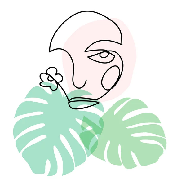 Abstrakcyjny Kobieca Twarz Tropikalnych Liści Rysunek Linii Szybki Szkic Logo — Zdjęcie stockowe