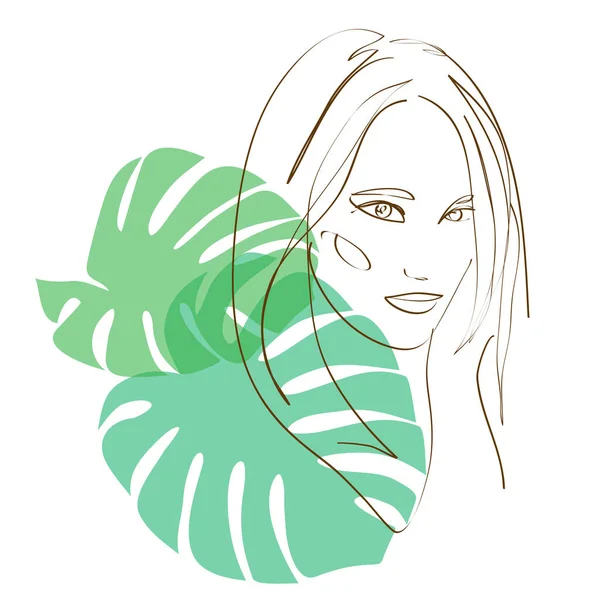 Abstrakcyjny Kobieca Twarz Tropikalnych Liści Rysunek Linii Szybki Szkic Koncepcja — Zdjęcie stockowe
