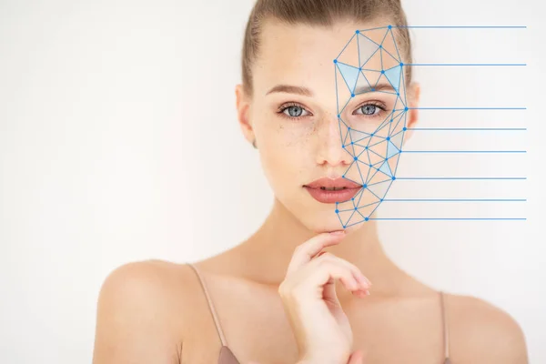 Mřížka Ukazuje Efekt Zvedání Obličeje Nebo Kosmetické Ošetření Kůži Krásné — Stock fotografie