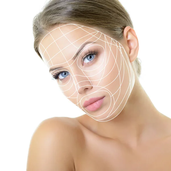 Grid Lines Showing Facial Lifting Effect Skin Beautiful Young Woman — Stock Photo, Image