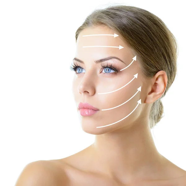 Grid Lines Showing Facial Lifting Effect Skin Beautiful Young Woman — Stock Photo, Image