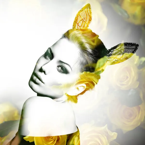 黄色のバラ 二重露出の美しい若い女性 春のコンセプト — ストック写真