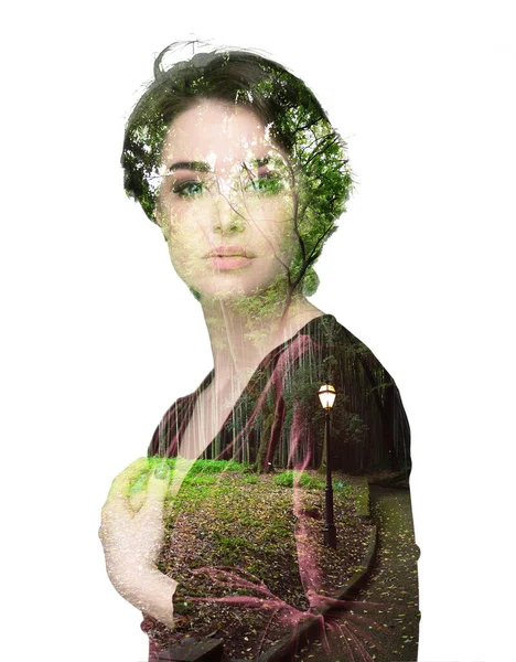 Young Attractive Woman Bamboo Japanese Park Double Exposure White Background — Stock Photo, Image