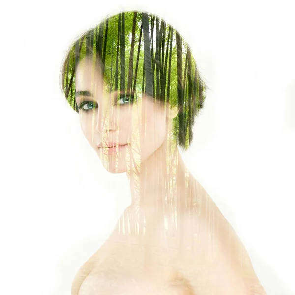 Молодая Привлекательная Женщина Бамбуковой Рощей Двойное Воздействие Белом Фоне — стоковое фото