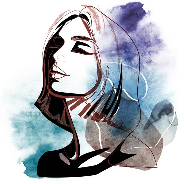 Fashion Woman Abstract Portrait Beautiful Girl Continuous Line Style Watercolor — Stock Photo, Image