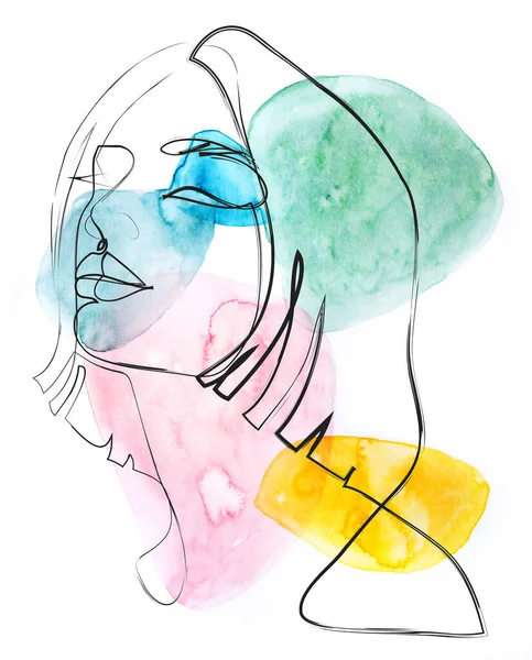 Fashion Woman Abstract Portrait Beautiful Girl Continuous Line Style Watercolor — Stock Photo, Image