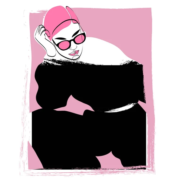 时尚女孩穿着时髦的黑色衣服 戴着粉色头发的太阳镜 摘要妇女肖像 当代设计 T恤衫的矢量图解 印刷品 — 图库照片