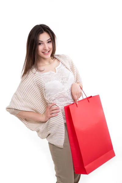 Happy Jonge Vrouw Shopaholic Met Boodschappentassen Uitverkoop Tijd Geïsoleerd Witte — Stockfoto