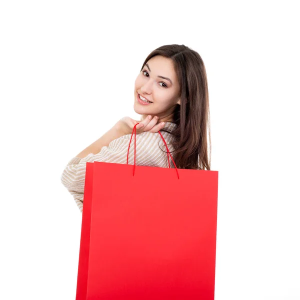 Feliz Joven Adicta Las Compras Con Bolsas Compras Tiempo Venta — Foto de Stock