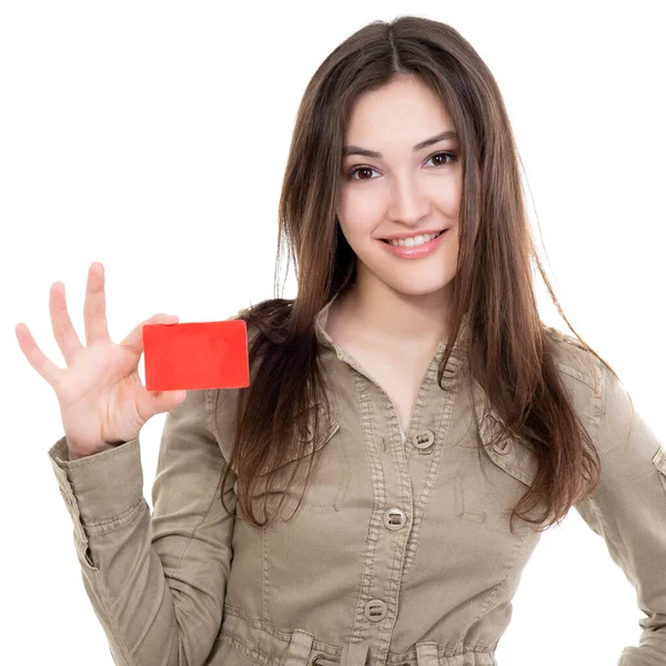 Mooie Vriendelijke Glimlach Zelfverzekerde Jonge Vrouw Met Korting Creditcard Haar — Stockfoto