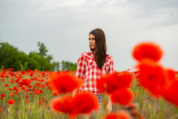 Young Beautiful Woman Poppy Field Summer Outdoor — Stock Photo, Image