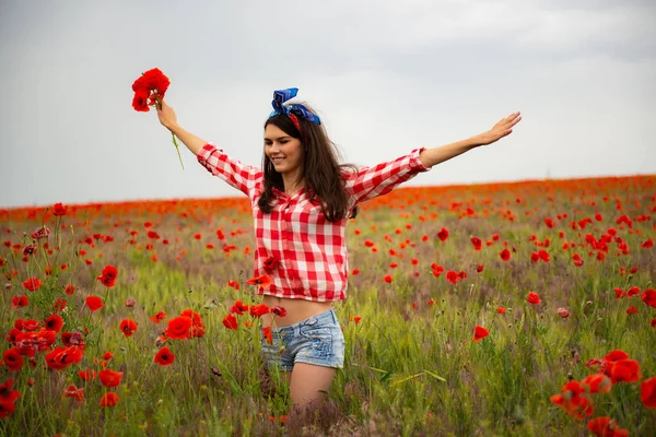 Young Beautiful Happy Smiling Woman Dancing Blooming Poppy Spring Field — Stock Photo, Image
