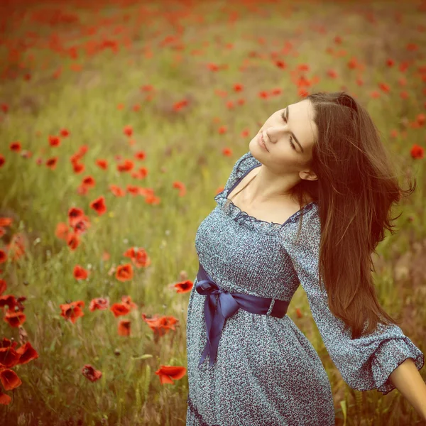 Young Beautiful Woman Wearing Blue Summer Drees Walking Poppy Field — Stock Photo, Image