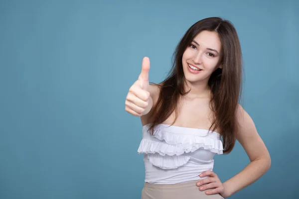 Attractive Smiling Young Woman Thumbs Gesture Demonstrating Success Victory Business — Stock Photo, Image