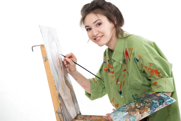 Pintura Menina Atraente Com Tintas Óleo Pintor Profissional Trabalho Sobre — Fotografia de Stock