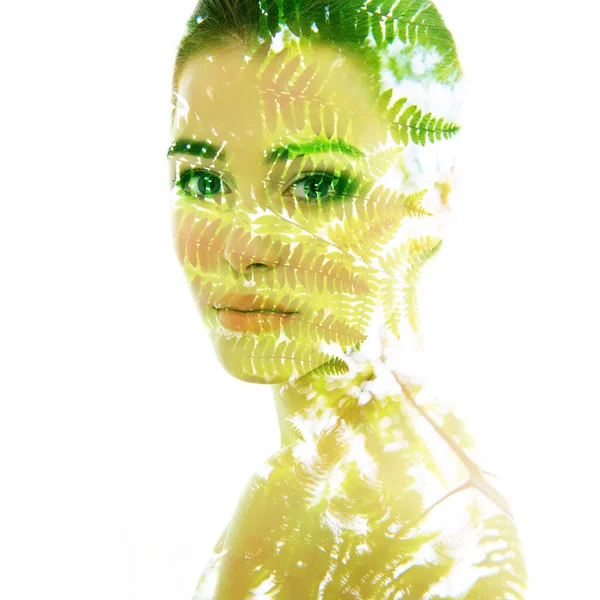 Beautiful Young Female Face Summer Fern Leaves Double Exposure Beauty — Stock Photo, Image