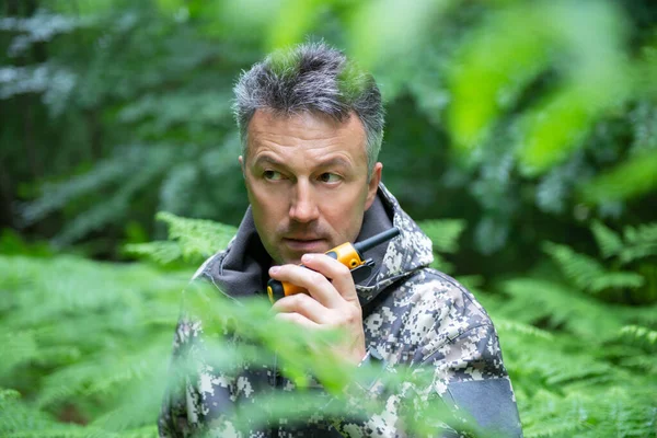 Mature Man Talks Radio Set Forest Male Outdoor Portrait — Stock Photo, Image