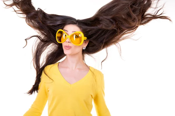 Happy Smiling Excited Comical Surprised Young Attractive Woman Long Flying — Stock Photo, Image