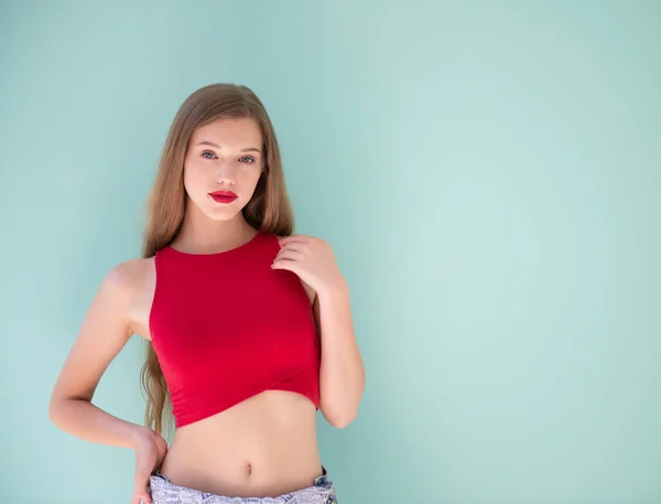 Beautiful Young Woman Long Fair Hair Wearing Blue Jeans Red — Stock Photo, Image