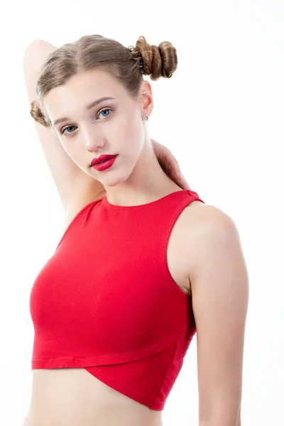 Jeune Femme Charmante Portant Haut Rouge Posant Studio Sur Fond — Photo