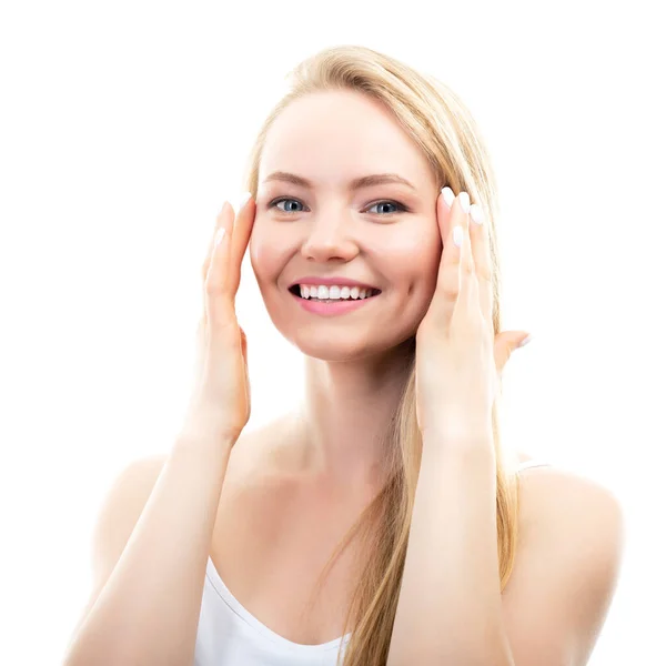 Happy Smiling Young Beautiful Blond Woman Touching Her Face Studio — Stock Photo, Image