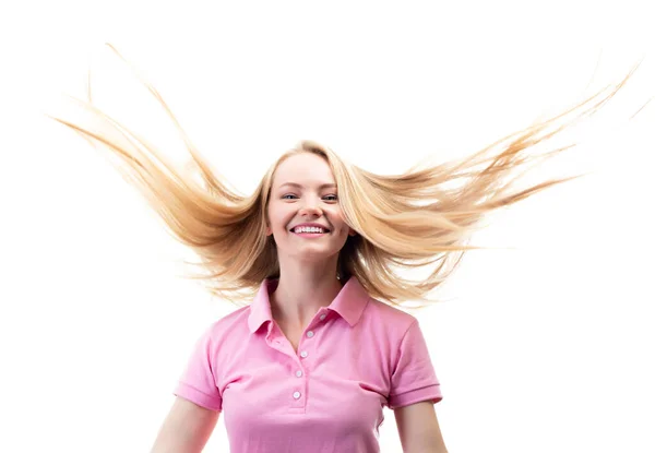 Happy Smiling Excited Comical Surprised Young Charming Woman Long Flying — Stock Photo, Image