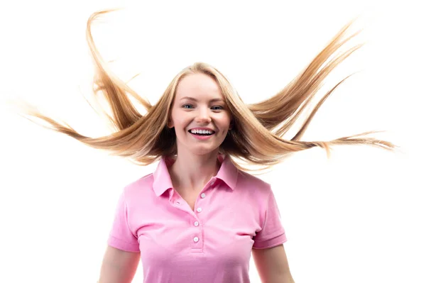 Mutlu Gülümseyen Heyecanlı Komik Büyüleyici Uzun Sarı Saçlı Beyaz Arka — Stok fotoğraf