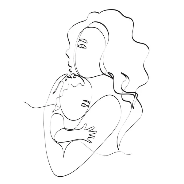 母亲正在怀她的新生婴儿 拥抱幼儿的妇女 带有线条的抽象肖像画 母性概念 T恤衫的矢量插图 平面设计 — 图库照片