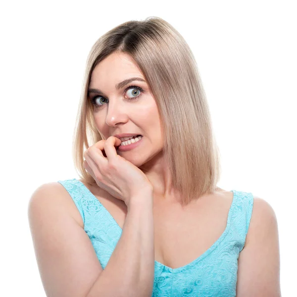 Woman Posing Studio Doubts Fear Qualm Uncertainty Gesture Facial Expressions — Stock Photo, Image