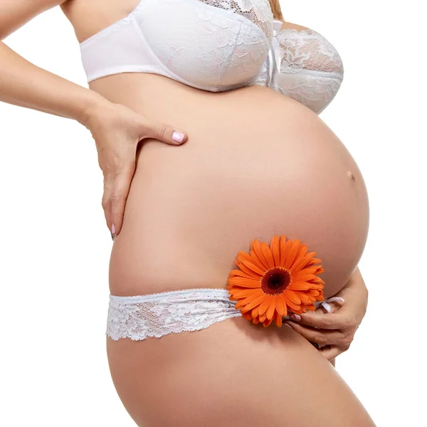 Femme Enceinte Avec Gros Ventre Fleur Orange Posant Studio Sur — Photo