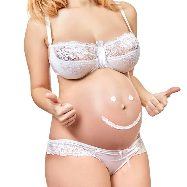 Zwangere Vrouw Met Crème Tekening Glimlach Haar Grote Buik Poseren — Stockfoto