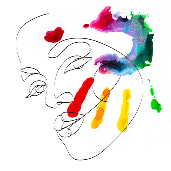 Abstract Human Face Continuous Line Style Hand Vivid Colored Watercolor — Stock Photo, Image