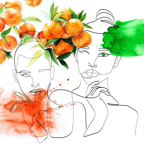 Girls Portrait Continuous Line Style Drawing Watercolor Paintig Tangerines Abstract — Stock Photo, Image