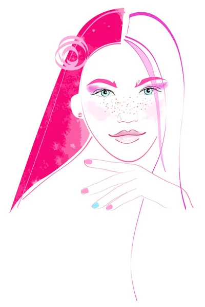 Ilustracja Wektora Mody Młodej Kobiety Kobieca Twarz Urocza Dziewczyna Różowymi — Zdjęcie stockowe