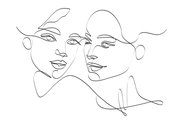 两个具有连续线条的抽象女性面孔 美丽与爱情概念 简约主义 T恤衫的矢量插图 平面设计 — 图库照片