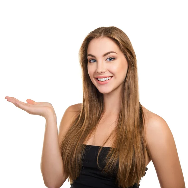 Mujer Atractiva Joven Con Maquillaje Perfecto Pelo Largo Claro Sonriendo — Foto de Stock