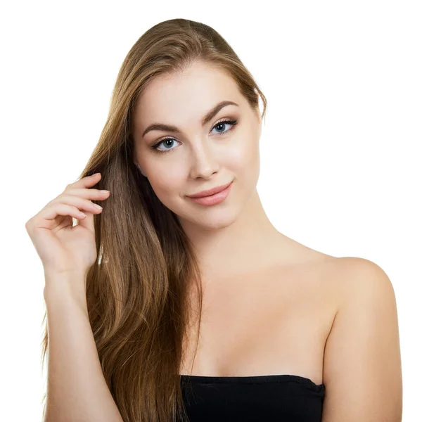 Mujer Atractiva Joven Con Maquillaje Perfecto Largo Pelo Claro Posando — Foto de Stock