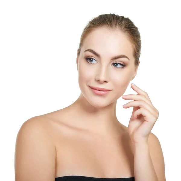 Mujer Atractiva Joven Con Maquillaje Perfecto Posando Estudio Sobre Fondo — Foto de Stock