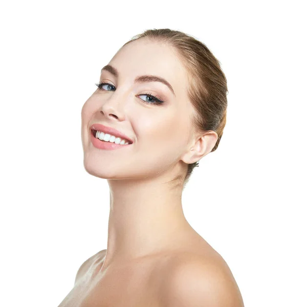 Mujer Atractiva Joven Posando Estudio Feliz Sonriendo Sobre Fondo Blanco — Foto de Stock