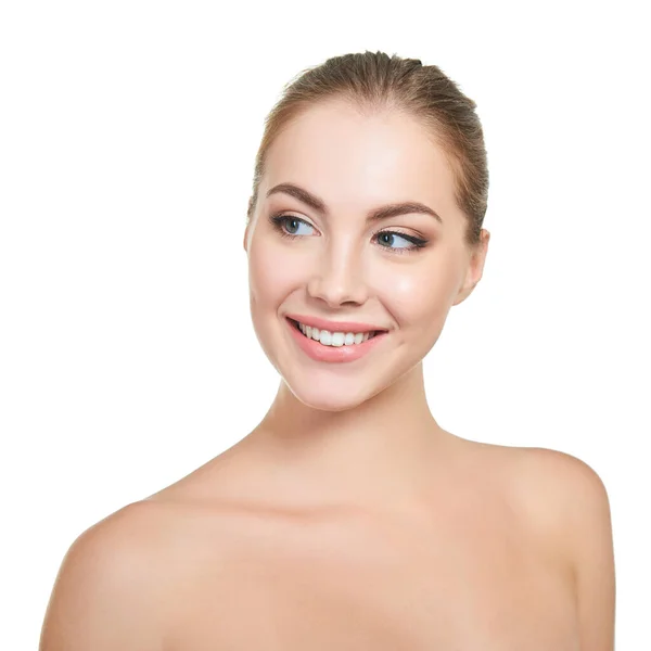 Mujer Atractiva Joven Posando Estudio Feliz Sonriendo Sobre Fondo Blanco —  Fotos de Stock
