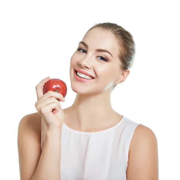 Mujer Atractiva Joven Posando Estudio Con Sonrisa Perfecta Sosteniendo Manzana —  Fotos de Stock