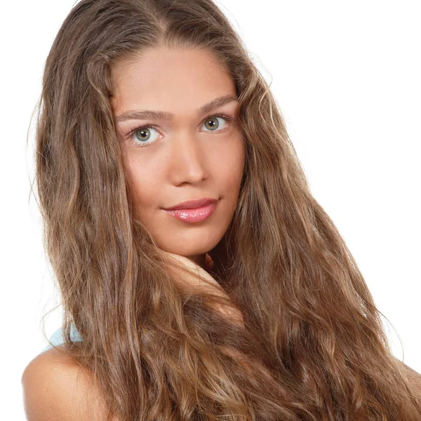 Temiz Ciltli Uzun Kıvırcık Saçlı Güzel Bir Kadının Portresi Güzellik — Stok fotoğraf