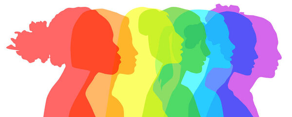 Multiethnic women communicate, vector illustration. Female faces of diverse cultures in propfile in different colors of the rainbow