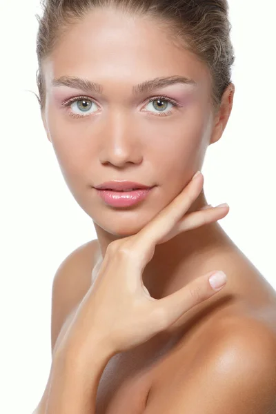 Retrato Una Hermosa Mujer Joven Con Piel Limpia Maquillaje Día — Foto de Stock