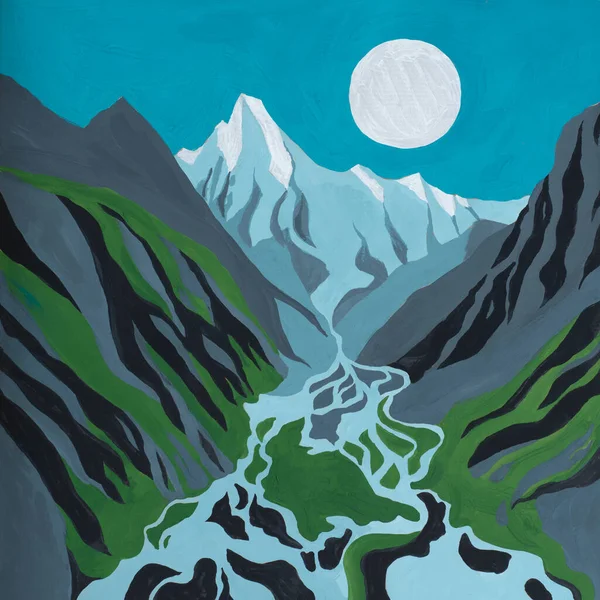 Krajobraz Górami Rzeką Słońcem Lub Księżycem Namalowany Ręcznie Gwaszu Ograniczona — Zdjęcie stockowe