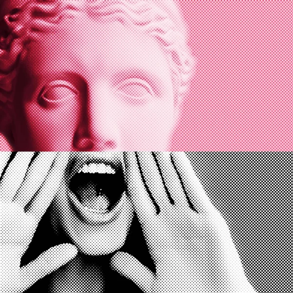 Collage Contemporain Tête Statue Plâtre Dans Style Pop Art Teinté — Photo